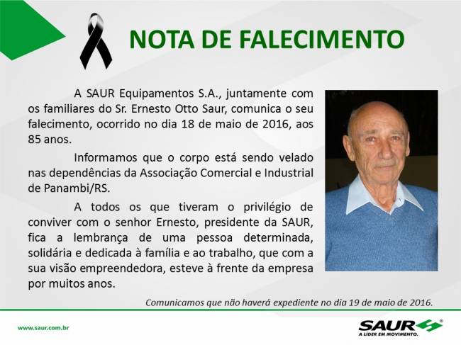 Comunicado de falecimento do presidente da SAUR - Sr. Ernesto Otto Saur -  Logweb - Notícias e informações sobre logística para o seu dia